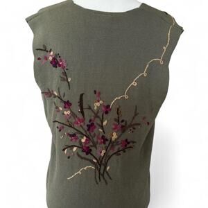 Koret 90s - 2000s Style Cottage Core Fairy Embroidered Olive Green Tank Vest